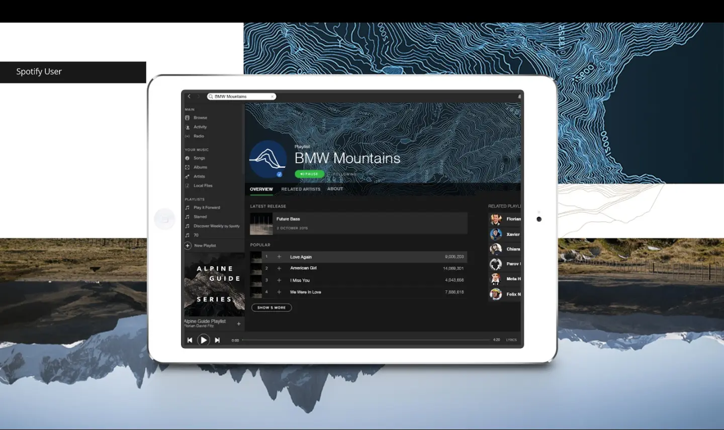 Tablet mockup of the BMW Mountains video player over a mountain lake.