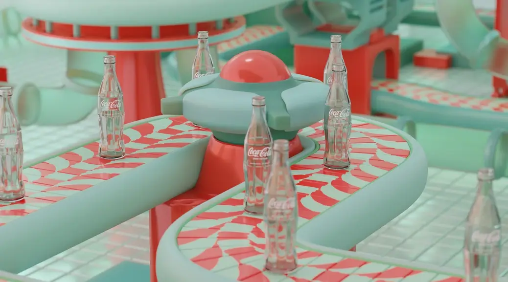 Filled dark Coca-Cola bottles under a capping carousel.