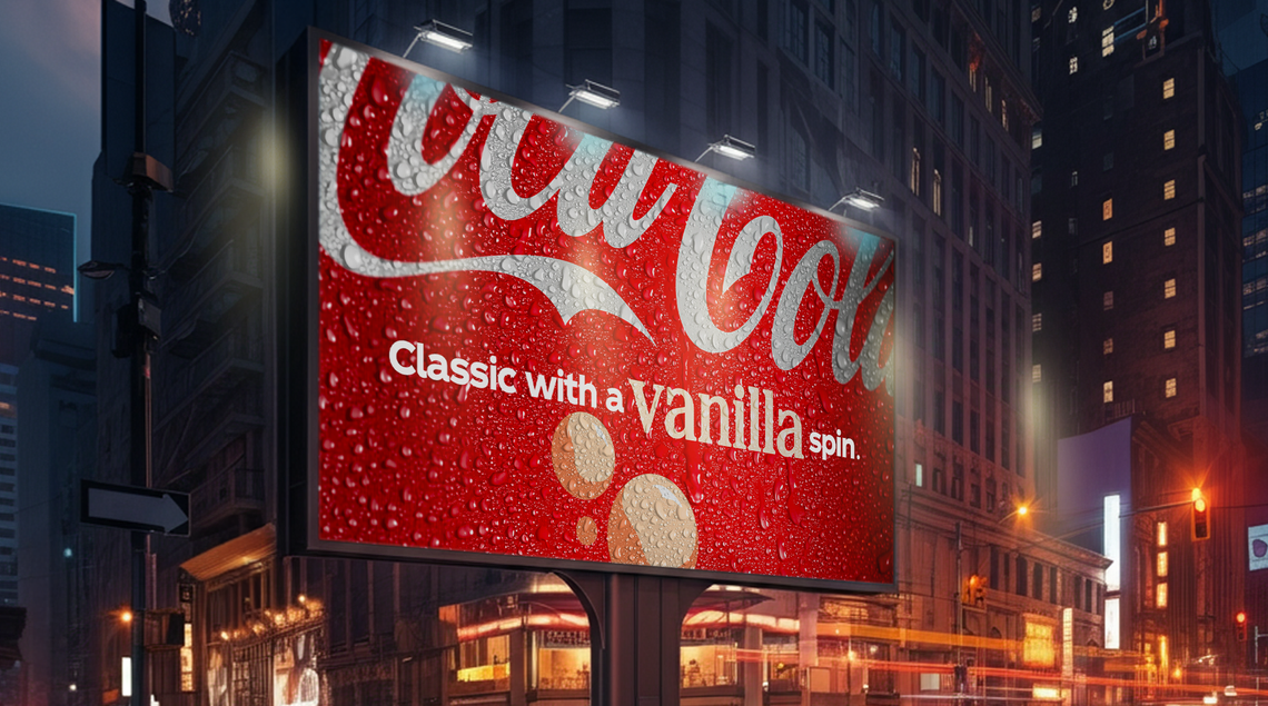 Night-time city billboard: an extreme macro crop of a condensation-covered Coca-Cola can, headline reading Classic with a vanilla spin.